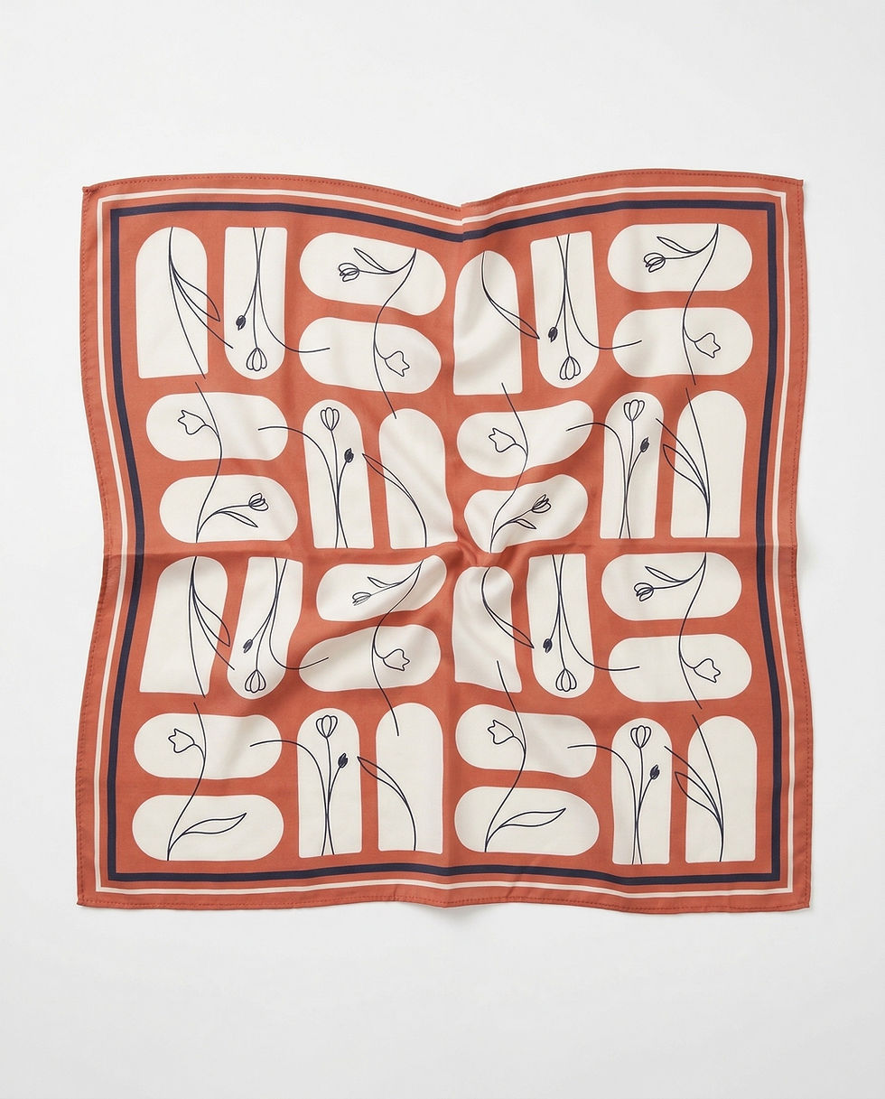 Terracotta abstract floral digital print square scarf laid perfectly flat.