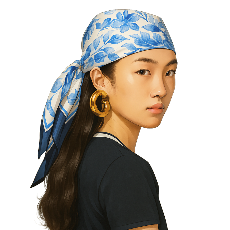 A woman wearing a blue and white floral headscarf tied to the side.