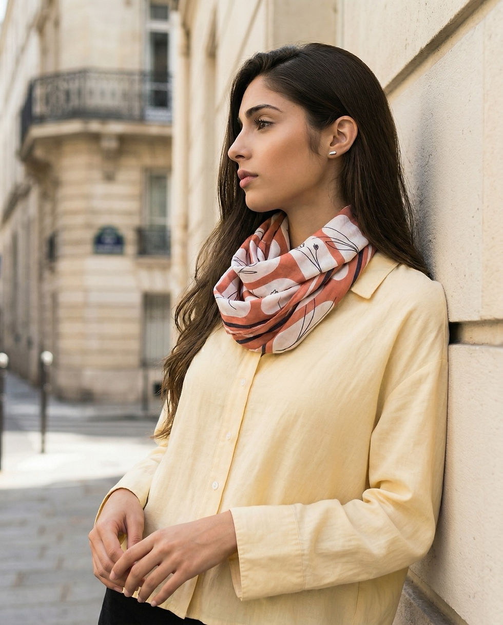Woman wearing an elegant terracotta floral printed scarf draped softly in a city setting.