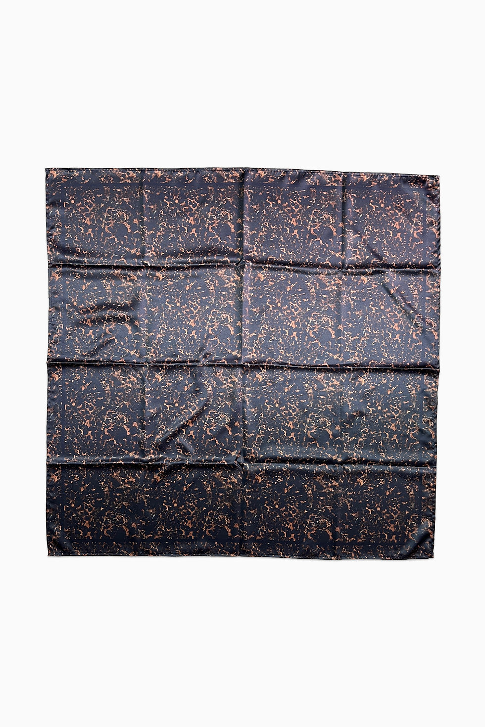 A square satin scarf with a dark, abstract copper and black animal print.
