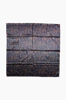 A square satin scarf with a dark, abstract copper and black animal print.