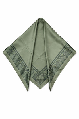 Sage green satin scarf folded in a triangle to highlight the dark ornate border design.
