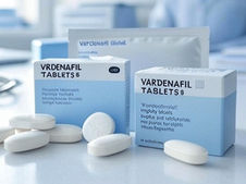 The image shows two boxes of Vardenafil tablets, a medication commonly used to treat erectile dysfunction. The boxes are labeled "Vardenafil Tablets 5" and "Vardenafil Tablets 10," indicating different dosages (5 mg and 10 mg). Several white pills are scattered in front of the boxes, and a stethoscope is partially visible in the background, suggesting a medical or healthcare context. The packaging also mentions indications for use, such as improving erectile function.