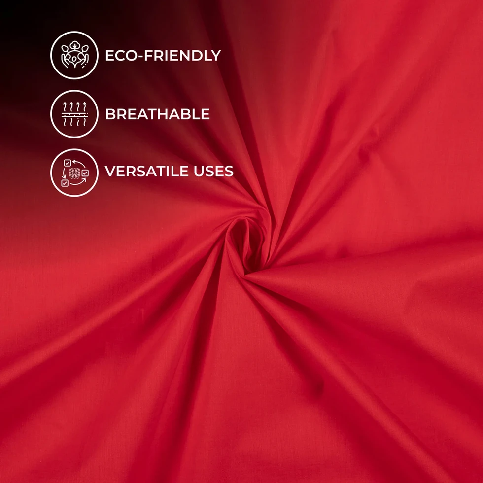 Eco-friendly, breathable, and versatile uses icons overlaid on Scarlet Serenade Plain Cotton Cambric Fabric displayed with a