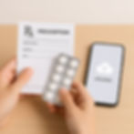 Two hands hold a blank prescription paper and a blister pack of white pills. A smartphone with an "UPLOAD" icon and a cloud symbol stands on a wooden surface nearby.