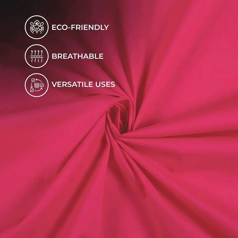 Eco-friendly, breathable, and versatile uses icons overlaid on Crimson Charm Plain Cotton Cambric Fabric displayed with a swi