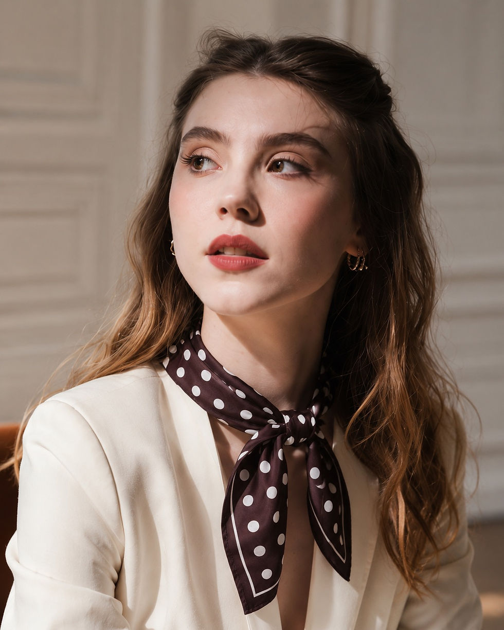 A close-up of a woman in a white suit with a dark brown polka-dot bandana knotted around her neck.