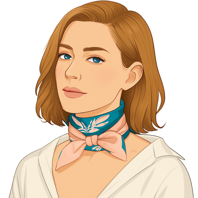 A pink and teal patterned scarf tied in a bow around a woman's neck.