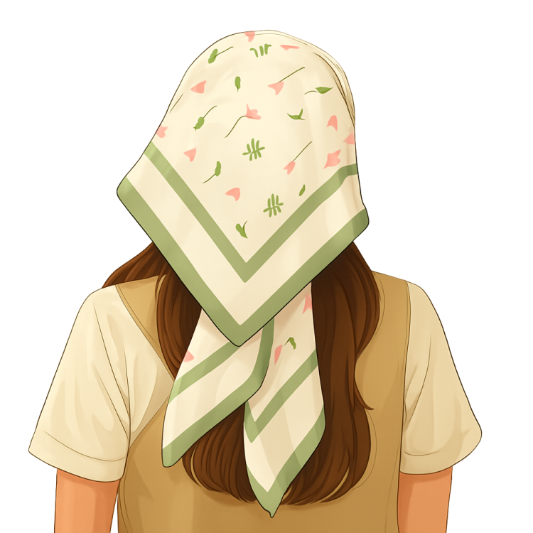A woman seen from behind with a floral scarf tied over their head.