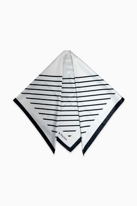 A white scarf with black stripes folded into a triangle against a white background.