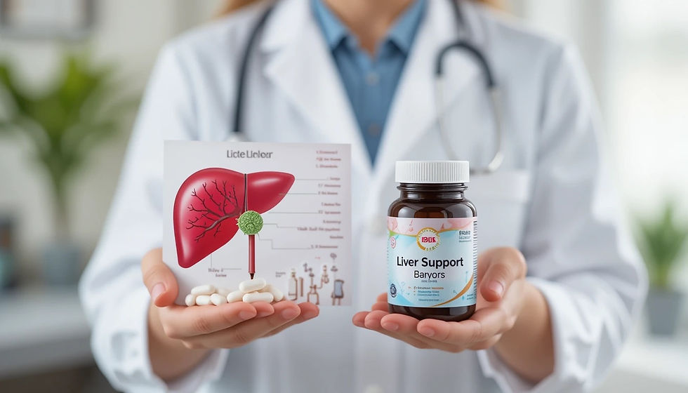 Two people sit at a table in a room with warm light. One wears a yellow shirt and a headscarf, and the other wears blue scrubs and a cap, smiling with a hand on the other's shoulder. On the table are colorful ribbons in pink, orange, and blue, two blister packs of pills, and boxes labeled "RESILIX" and "HOPEXRA." A sign on the wall reads "STRENGTH IN EVERY STEP." Potted plants are in the background.