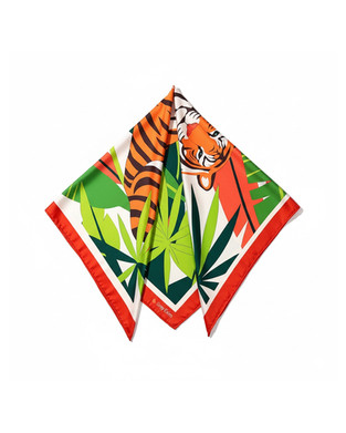 A multicolor satin scarf with a tiger and green jungle leaf print.