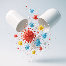 Opened capsule releasing colorful viruses