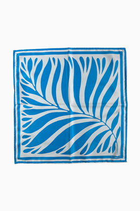 A white square bandana with a large, stylized blue botanical leaf print.