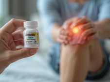 A hand holds a small white bottle labeled "ARTHNTIS HAUR Relief Lotion." In the background, a person in a blue shirt sits on a bed, holding a knee that glows orange, indicating pain. The setting appears to be indoors with soft lighting.