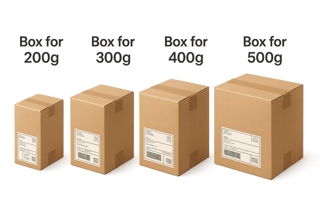 Four cardboard boxes of different sizes are lined up on a gradient background. The boxes are labeled "Box for 200g," "Box for 300g," "Box for 400g," and "Box for 500g." Each box has a white shipping label with a barcode on it.