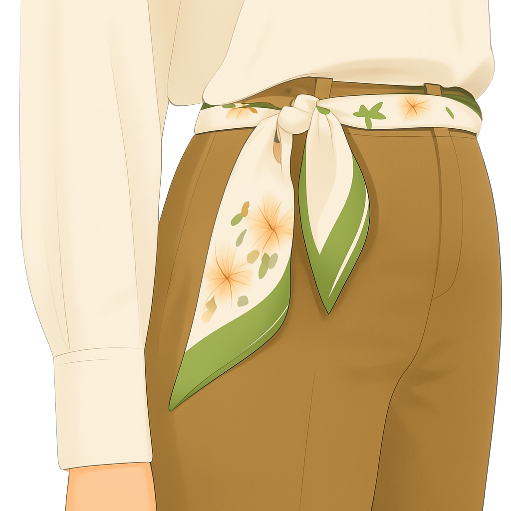 A floral scarf with green trim tied as a belt on brown trousers.