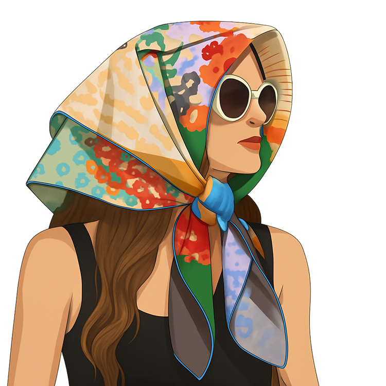 A woman wears a colorful floral scarf over her head and large sunglasses.