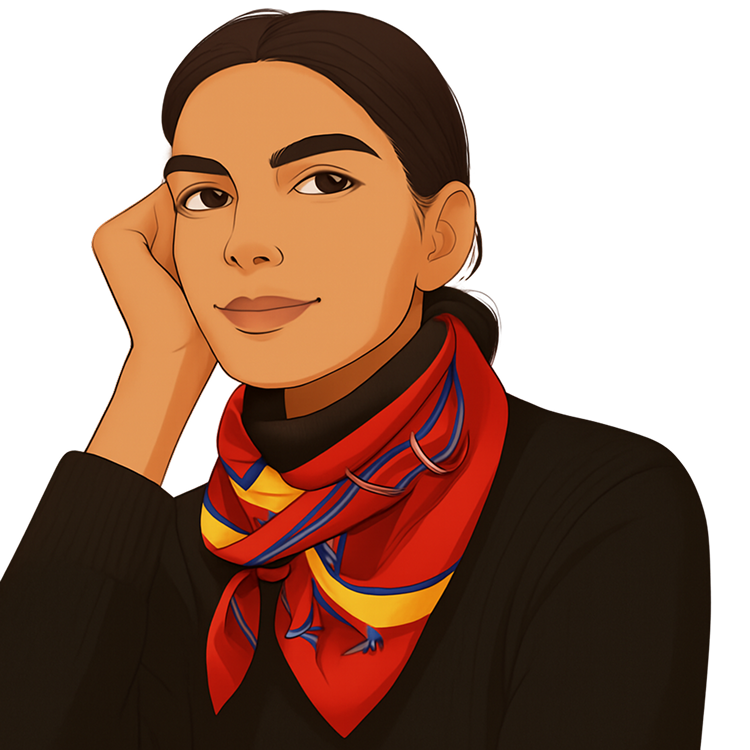 A woman wearing a red, yellow, and blue scarf over a black turtleneck sweater.