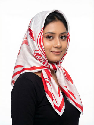 Woman wearing a white satin scarf with a red abstract pattern, tied under the chin.