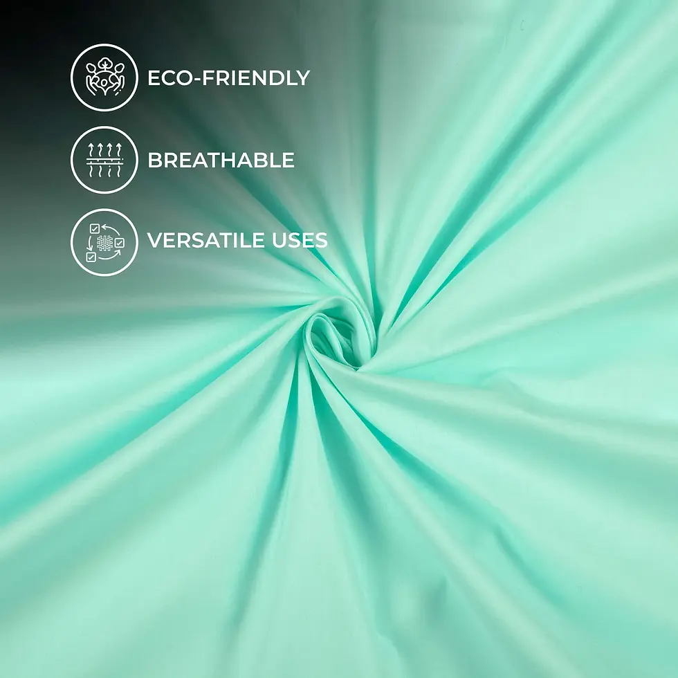 Eco-friendly, breathable, and versatile uses icons overlaid on Aqua Sky Plain Cotton Cambric Fabric, displayed with a swirl