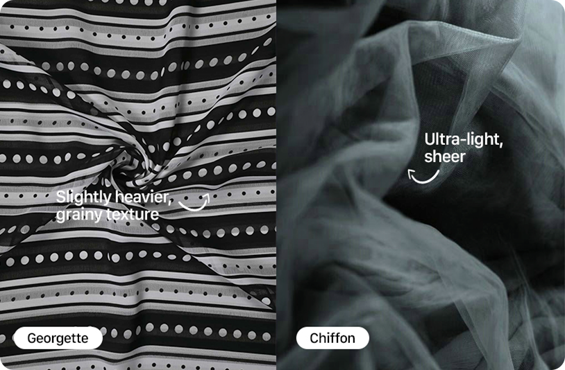 Georgette vs. Chiffon fabric comparison. Georgette: black and white stripes, dots, heavier. Chiffon: sheer, ultra-light, dark folds.