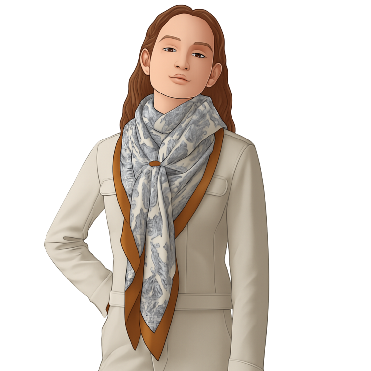 A blue and white patterned scarf with a brown border, fastened with a ring around a woman's neck.