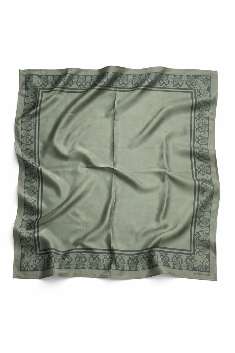 Full flat lay of a 90x90 cm sage green satin scarf with a floral baroque border.