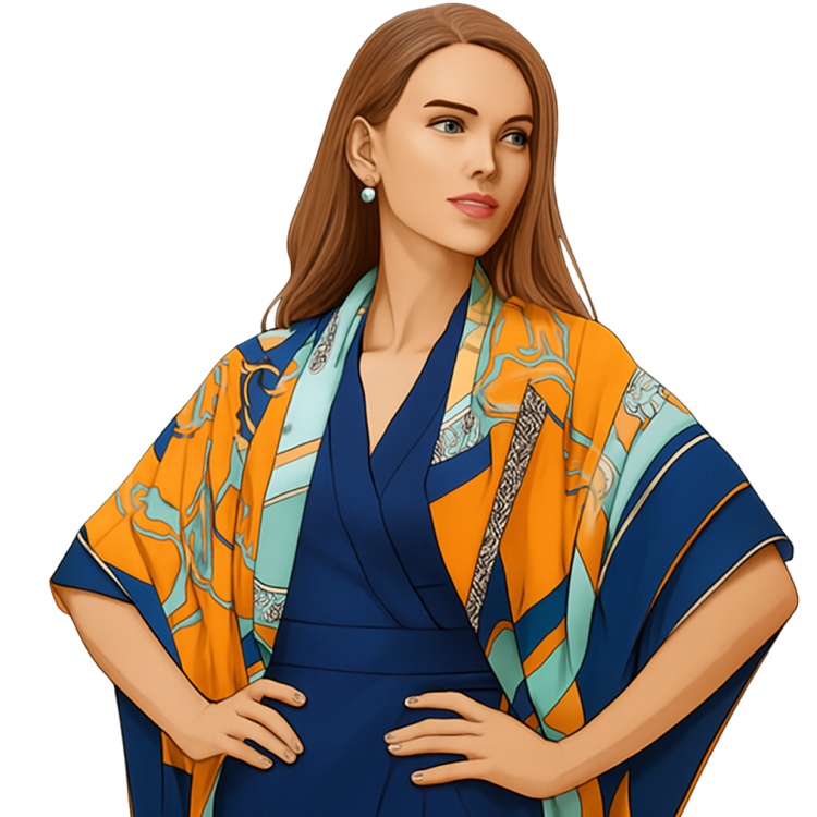 A woman wears a large orange and blue patterned scarf as a cape over a blue dress.