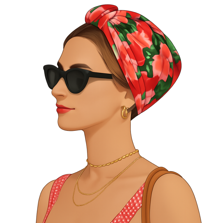 A woman in profile wears a red floral turban, sunglasses, and gold necklaces.