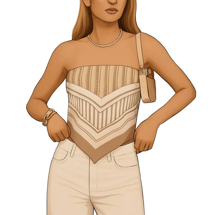 A woman wearing a striped beige scarf as a strapless top with light-colored jeans.