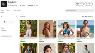 Grijze Exim Etsy-winkelhomepage met bedrukte satijnen sjaals en productvermeldingen.