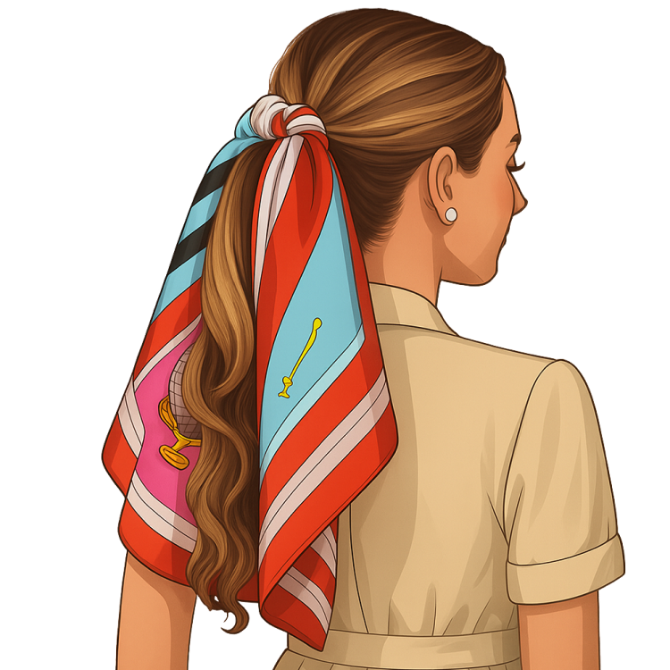 A colorful red and blue scarf is tied around the base of a ponytail.
