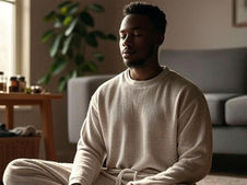 A person in a beige sweatshirt and pants sits cross-legged on the floor in a meditative pose. The room has a gray couch, a wooden table with jars, a basket with clothes, and a green plant near a window with soft light coming through.
