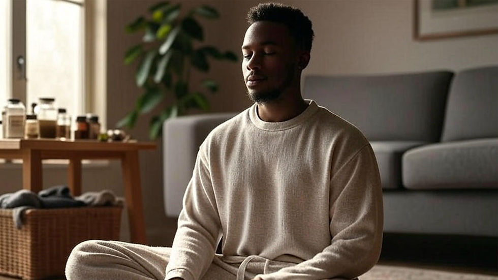 Two people sit at a table in a room with warm light. One wears a yellow shirt and a headscarf, and the other wears blue scrubs and a cap, smiling with a hand on the other's shoulder. On the table are colorful ribbons in pink, orange, and blue, two blister packs of pills, and boxes labeled "RESILIX" and "HOPEXRA." A sign on the wall reads "STRENGTH IN EVERY STEP." Potted plants are in the background.