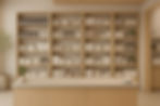A Japandi-style medicine shop interior features a clean, minimalist design with light wooden shelves filled with medicine bottles and boxes in neutral tones. A sleek counter stands in the foreground with a small potted plant and a white bowl on it. Soft ambient lighting and natural elements, like a bonsai tree and potted plants, create a calm atmosphere. The walls and ceiling use light wood and beige tones, emphasizing simplicity and symmetry.