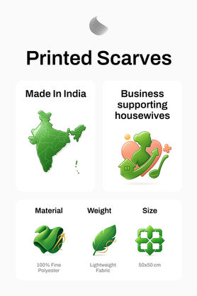Printed scarf details: Made in India, supports housewives, 100% polyester, lightweight, 50x50 cm.