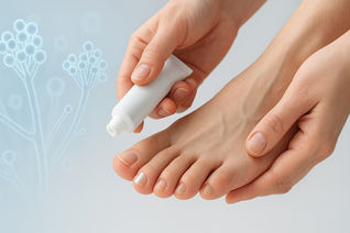 Applying antifungal cream to foot for fungal infection treatment