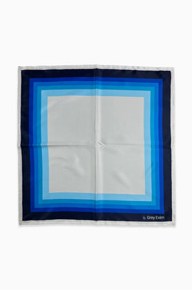 A white square bandana with a color block border of graduating blue shades.