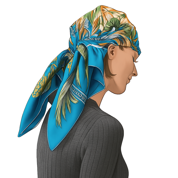 A woman in profile wears a blue and gold patterned scarf covering their head.