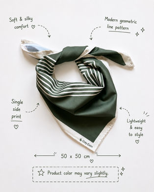 Infographic of a knotted green striped bandana with arrows pointing to text about product features.