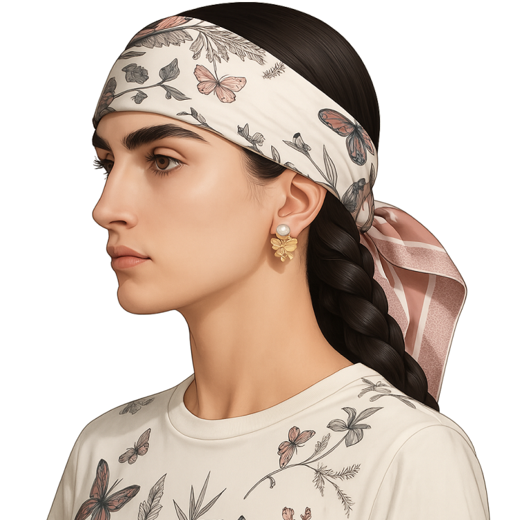 A woman in profile wears a wide scarf with a butterfly print as a head wrap.