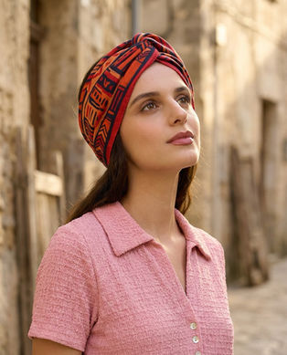 Woman wears scarf as head wrap