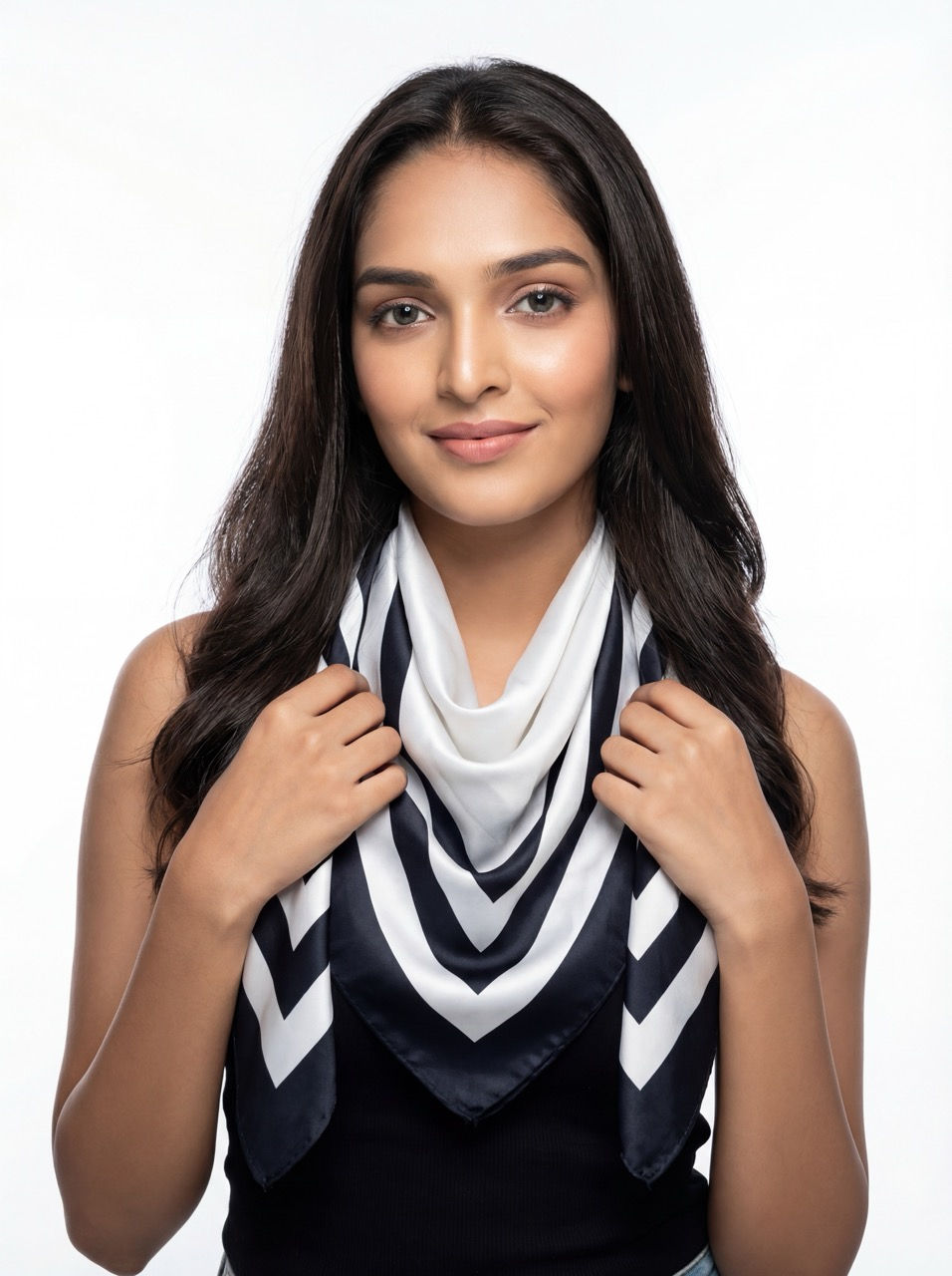 Woman wearing a black-and-white chevron satin scarf.