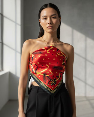 A woman wears a red satin scarf with black and gold holiday motifs styled as a top.