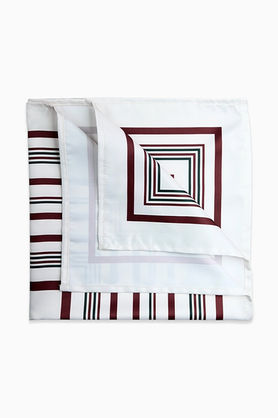 A folded white bandana showing the geometric burgundy and black line print.