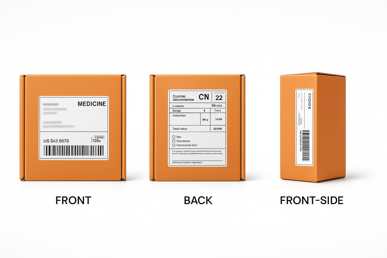 Three orange cardboard boxes are shown from different angles on a white background. The front view has a label that says "Medicine" with a barcode. The back view has a customs declaration label with "CN 22" and lists items like "Limorate" and "Songs." The front-side view shows a barcode label. The views are labeled "Front," "Back," and "Front-Side."