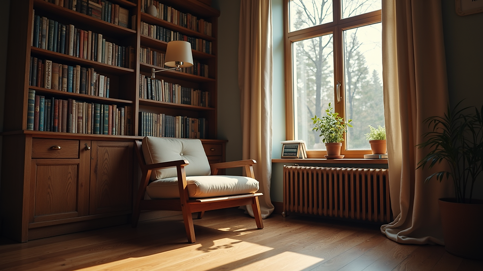 Eye-level view of a cozy reading nook with books and a comfortable chair