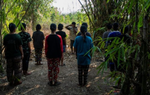 Women who fled home following the announcement of the military's mandatory conscription law receive training from an armed resistance force in southeastern Myanmar in April 2024. (Credit: Mar Naw)
