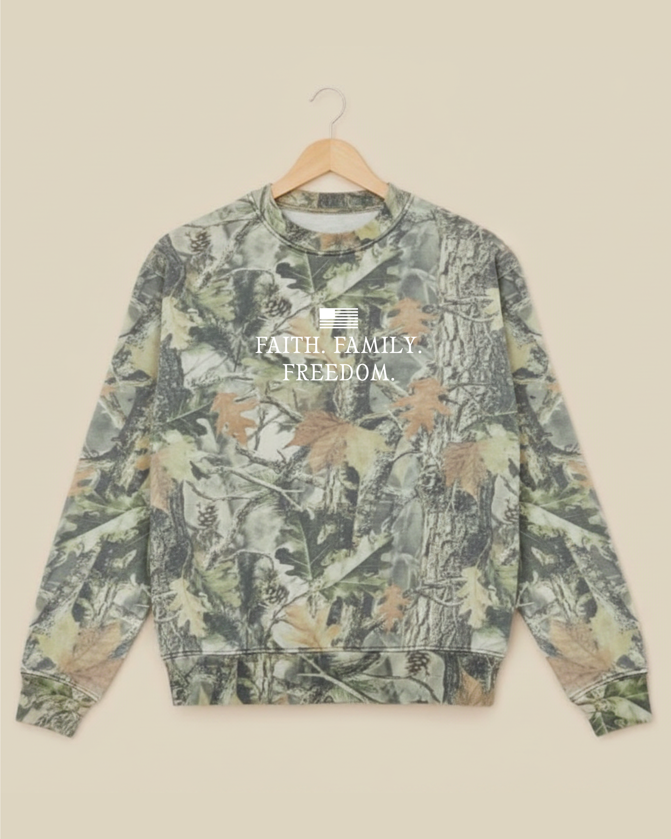 Faith. Family. Freedom. Camo Crewneck Sweatshirt